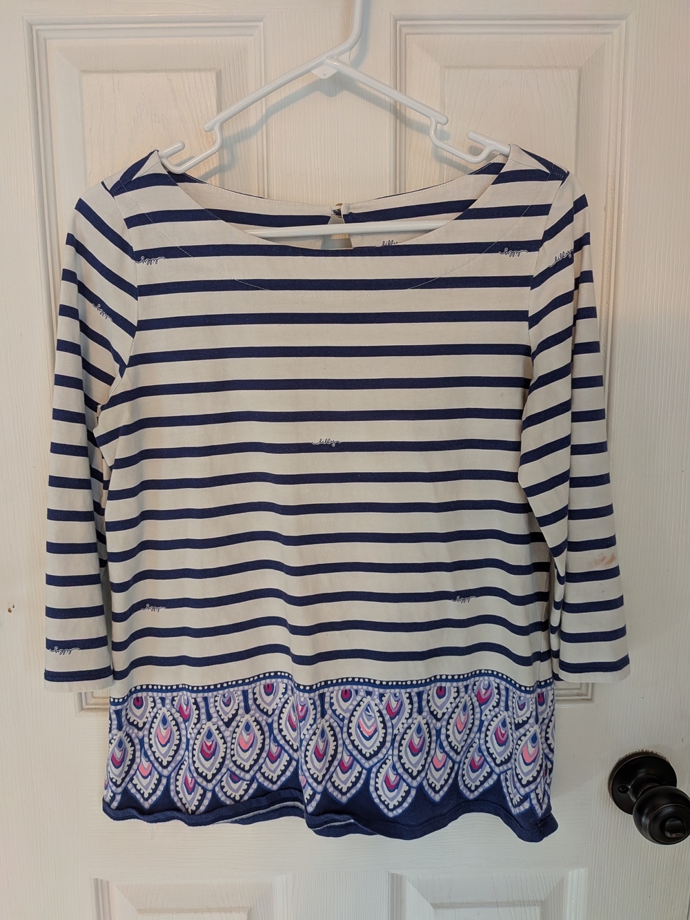 Lilly Pulitzer Waverly Navy and White Striped Long Sleeve Top with Printed Hem